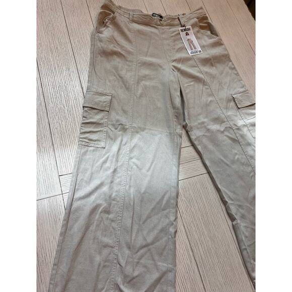 NWT Rewash‎ seamed wide leg cargo pants. Linen blend. Khaki. Elastic waist. Sz L - Picture 2 of 9